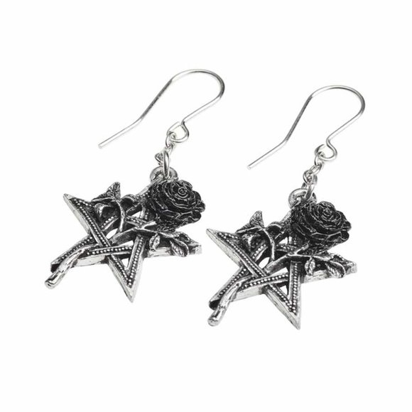 Alchemy Gothic Pentagram Black Rose Hook Earrings - Picture 3 of 4